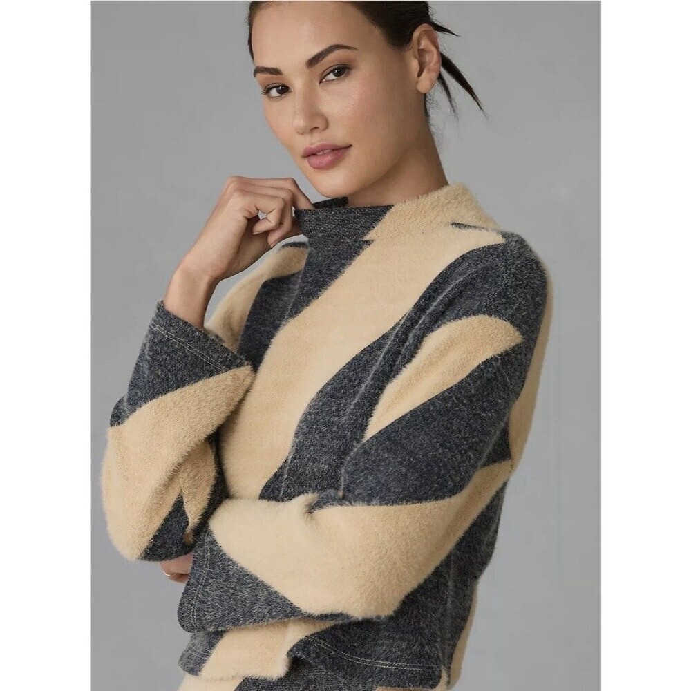 Anthropologie Maeve Mock Neck Sweater S  Fuzzy Stripe Cream Gray Soft Knit Top